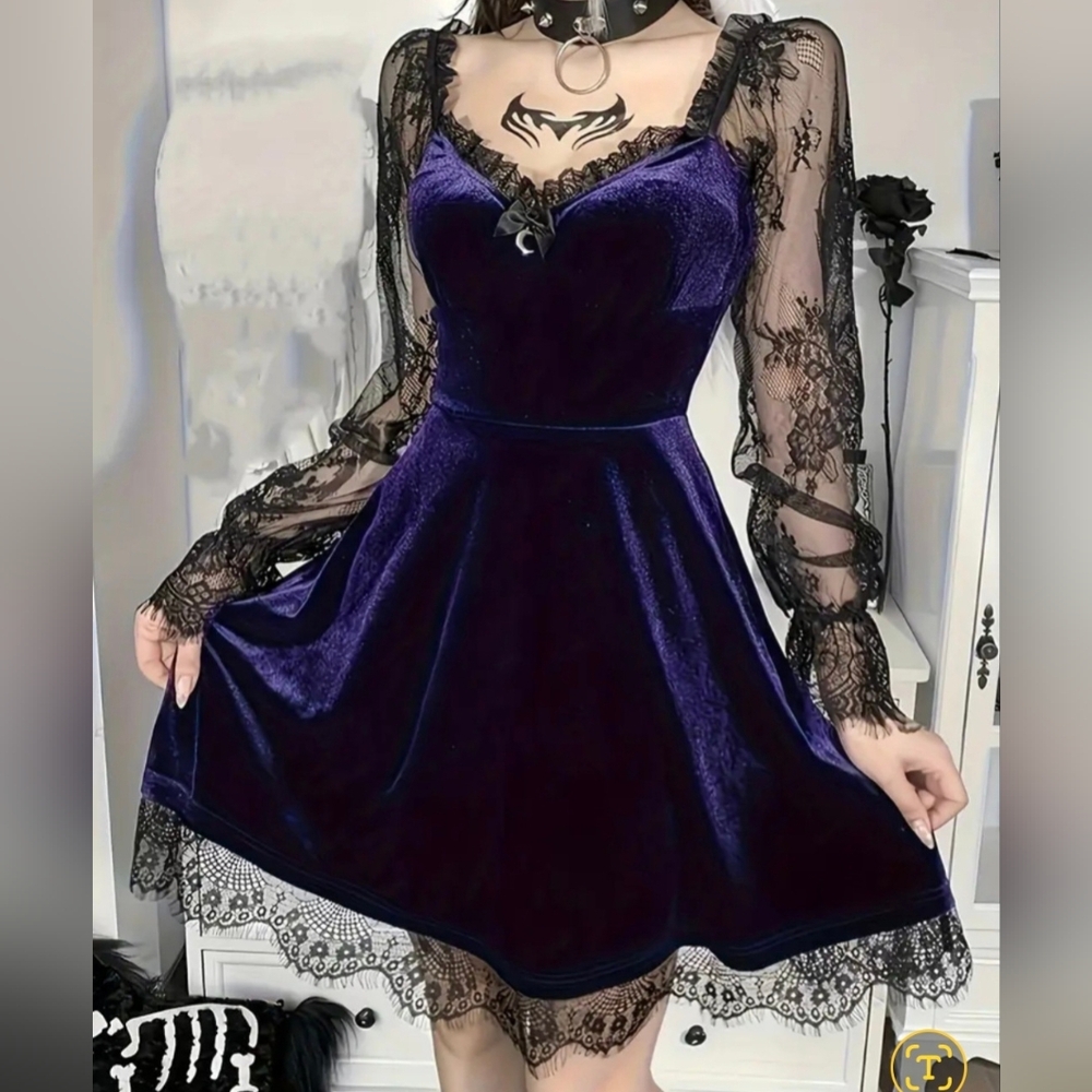 Blue Str Velvet & Black Lace Dress W Moon